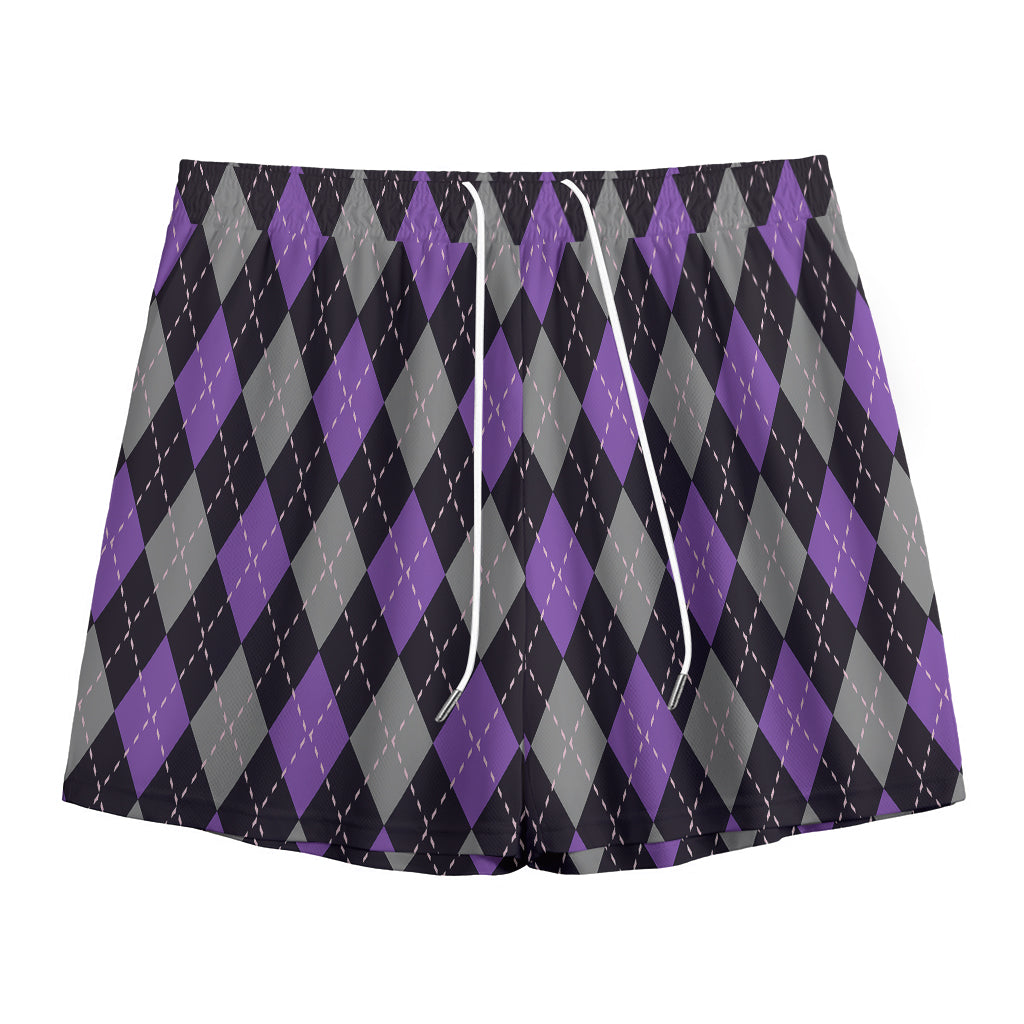 Black Grey And Purple Argyle Print Mesh Shorts