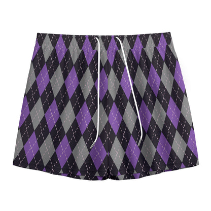 Black Grey And Purple Argyle Print Mesh Shorts