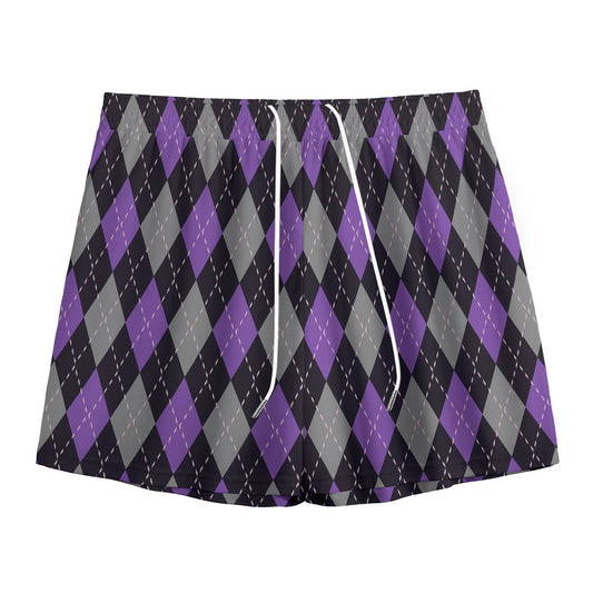 Black Grey And Purple Argyle Print Mesh Shorts