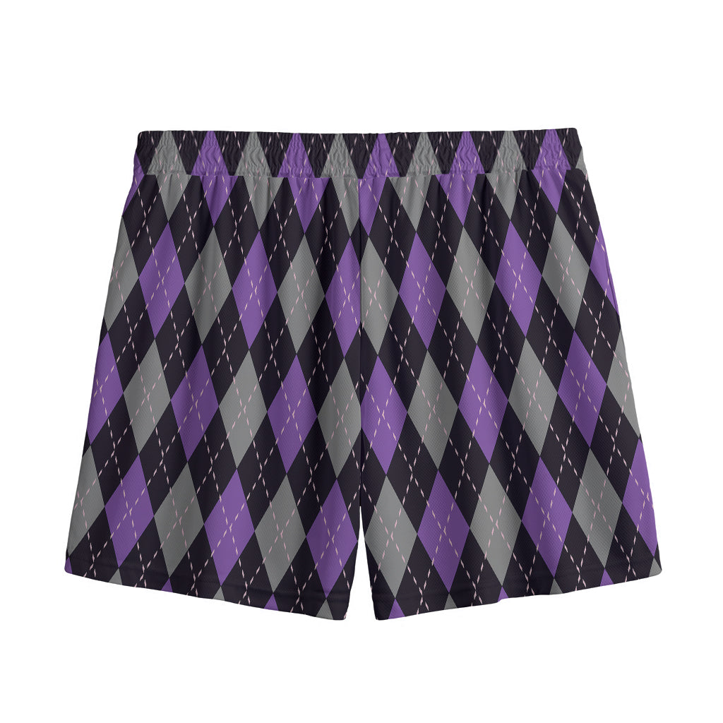 Black Grey And Purple Argyle Print Mesh Shorts