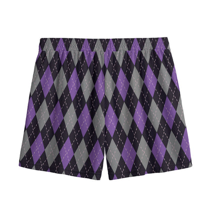 Black Grey And Purple Argyle Print Mesh Shorts