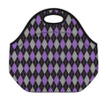 Black Grey And Purple Argyle Print Neoprene Lunch Bag