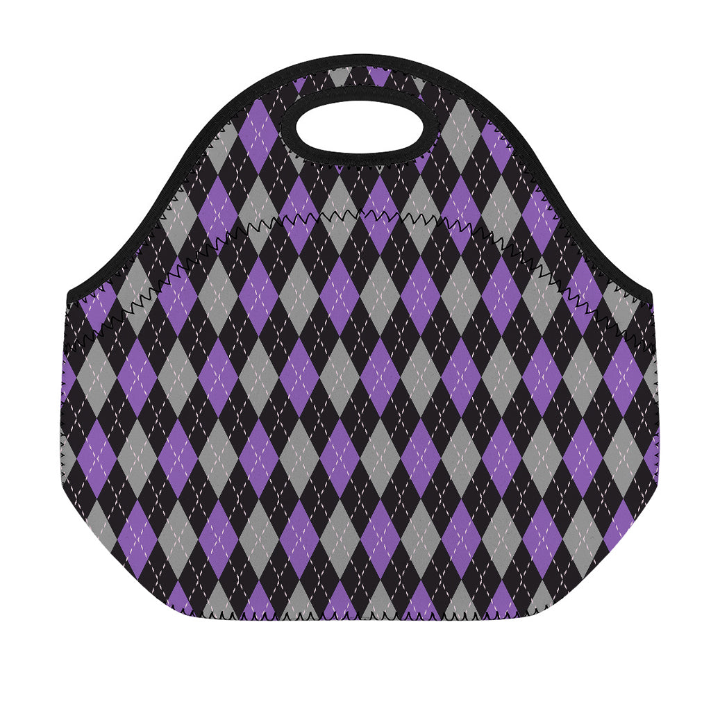 Black Grey And Purple Argyle Print Neoprene Lunch Bag
