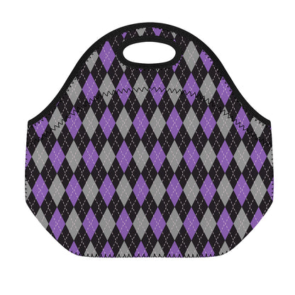 Black Grey And Purple Argyle Print Neoprene Lunch Bag