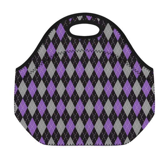 Black Grey And Purple Argyle Print Neoprene Lunch Bag