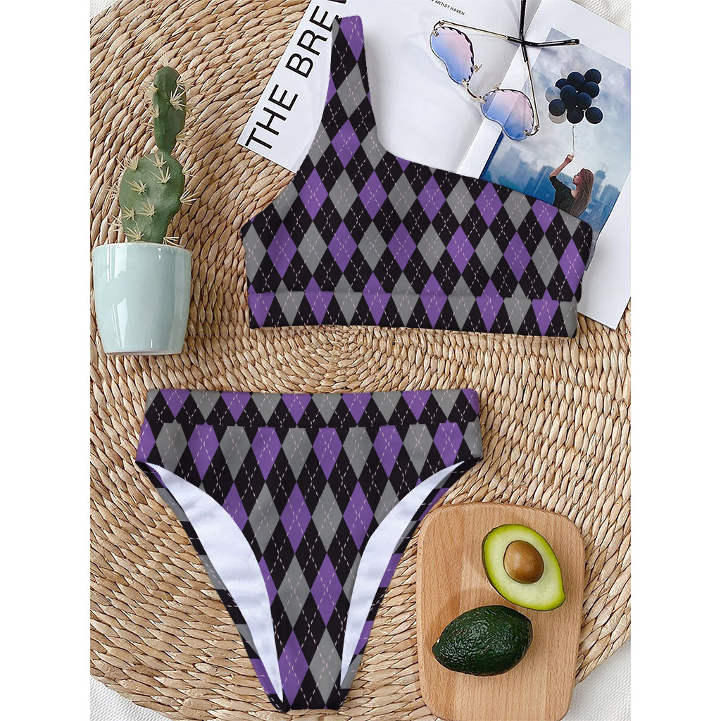 Black Grey And Purple Argyle Print One Shoulder Bikini Top
