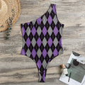 Black Grey And Purple Argyle Print One Shoulder Bodysuit