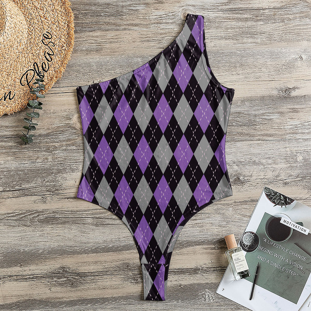 Black Grey And Purple Argyle Print One Shoulder Bodysuit
