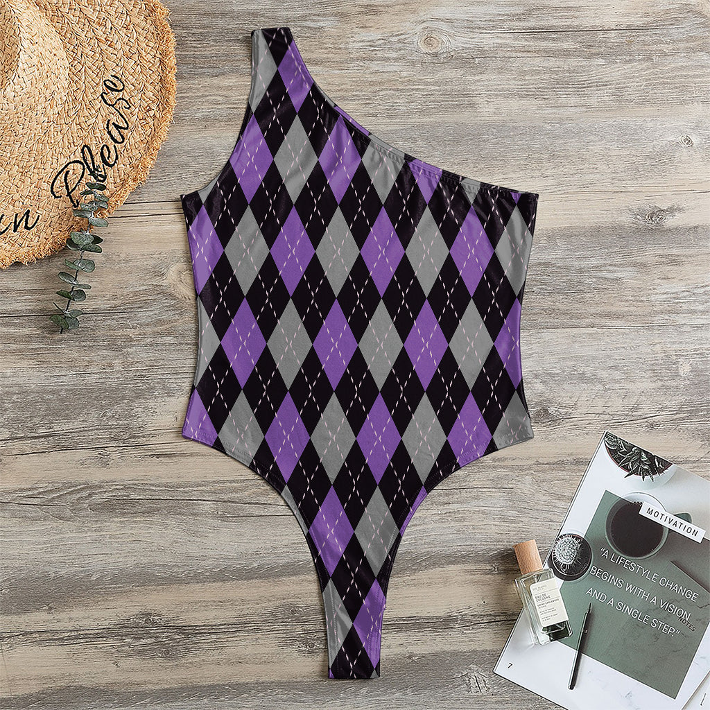 Black Grey And Purple Argyle Print One Shoulder Bodysuit