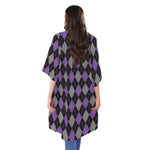 Black Grey And Purple Argyle Print Open Front Beach Cover Up
