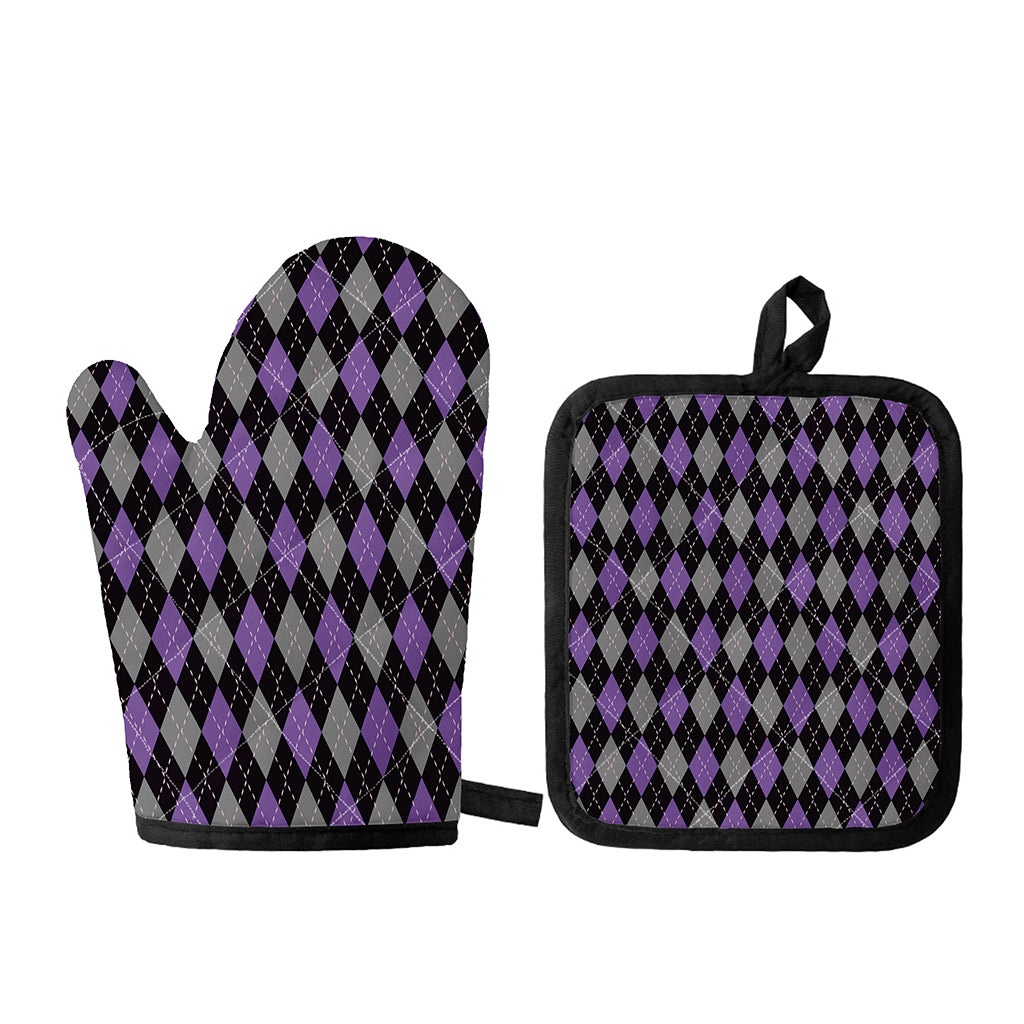 Black Grey And Purple Argyle Print Oven Mitt And Pot Holder Set
