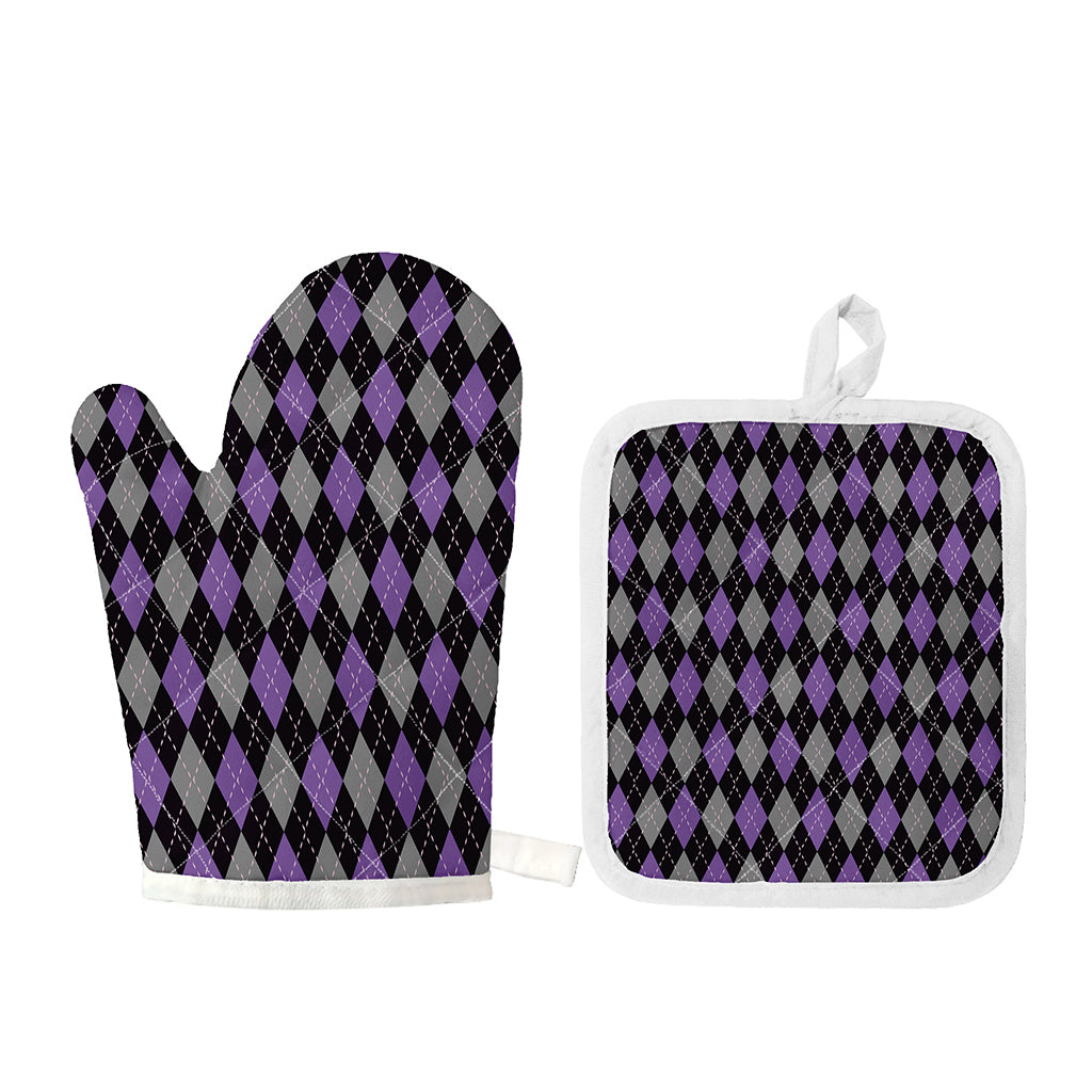 Black Grey And Purple Argyle Print Oven Mitt And Pot Holder Set