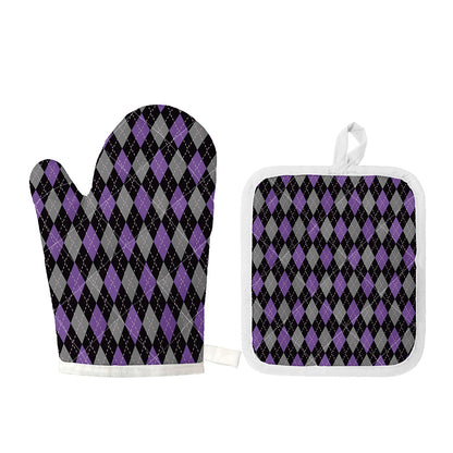 Black Grey And Purple Argyle Print Oven Mitt And Pot Holder Set