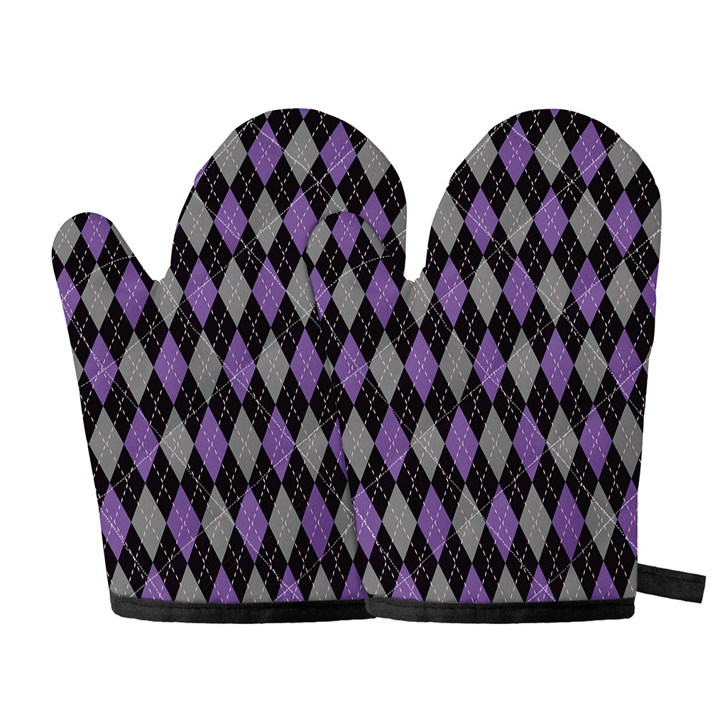 Black Grey And Purple Argyle Print Oven Mitts