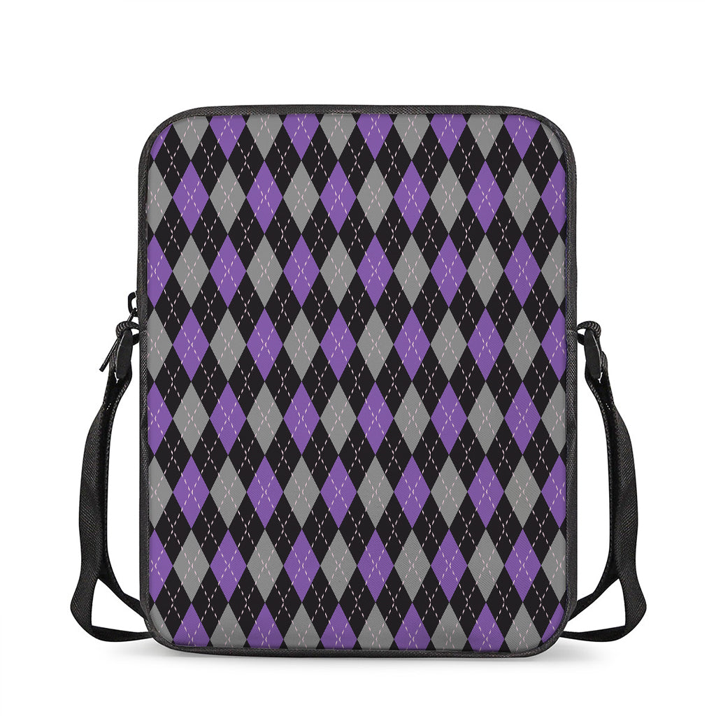 Black Grey And Purple Argyle Print Rectangular Crossbody Bag