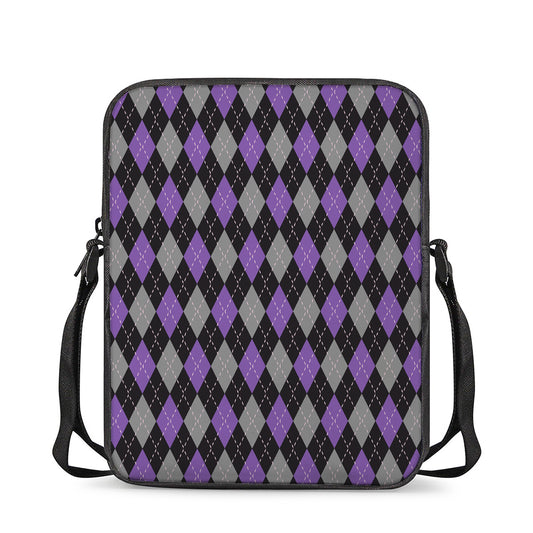 Black Grey And Purple Argyle Print Rectangular Crossbody Bag