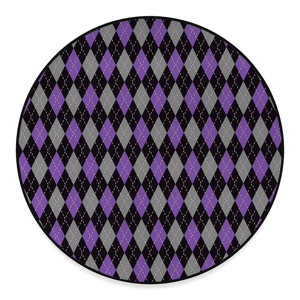 Black Grey And Purple Argyle Print Round Floor Mat