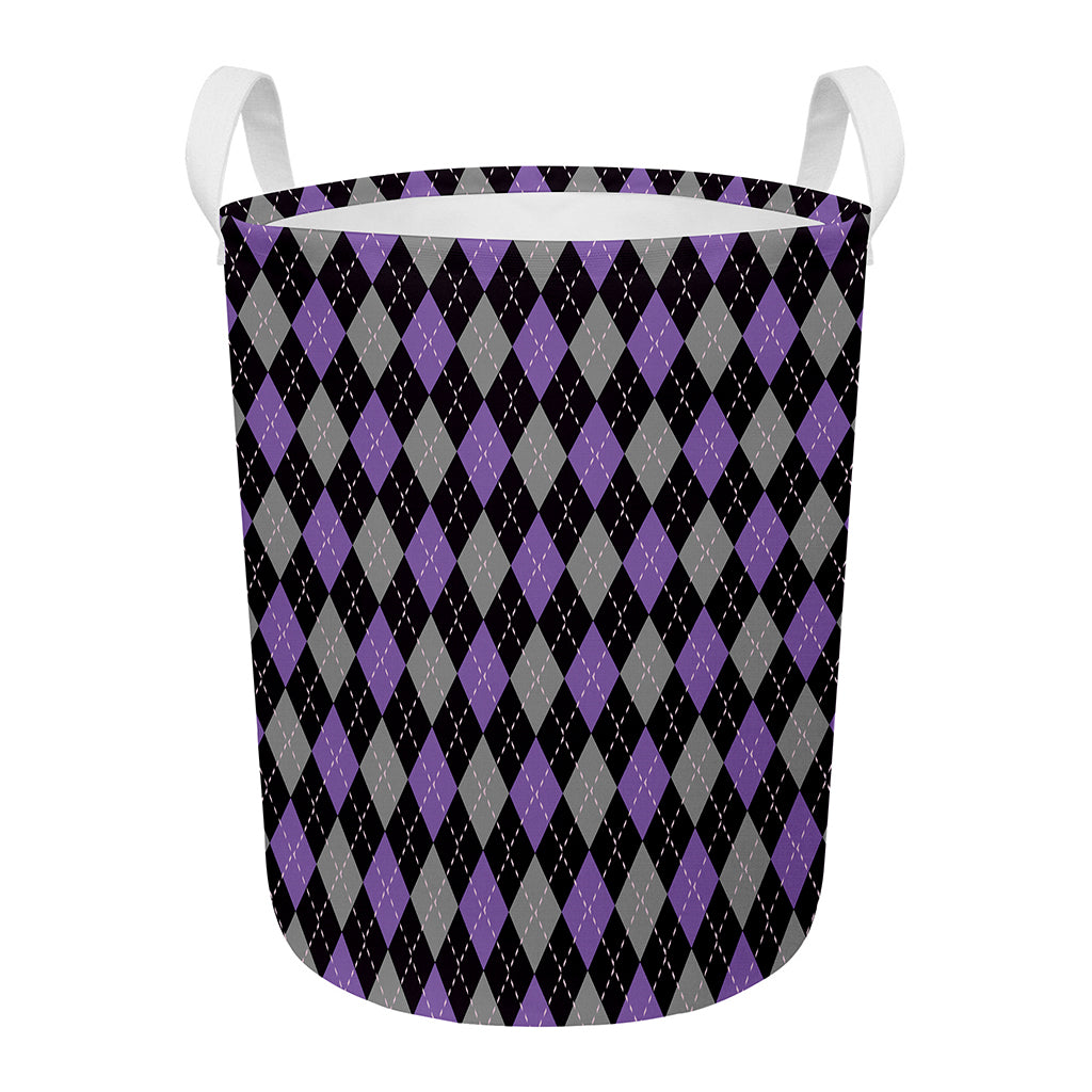 Black Grey And Purple Argyle Print Round Laundry Basket