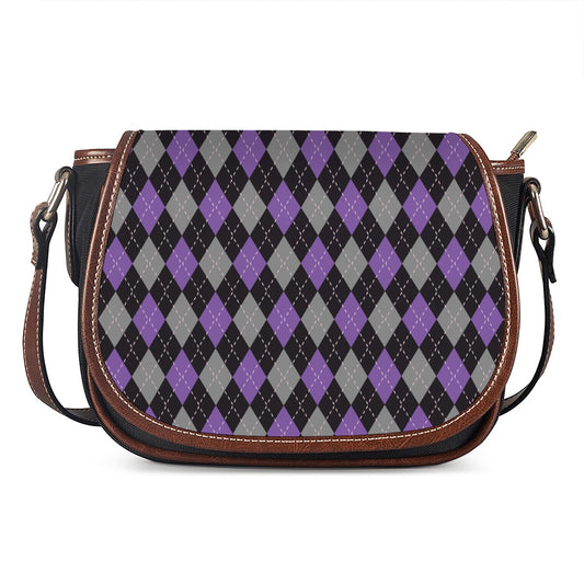 Black Grey And Purple Argyle Print Saddle Bag