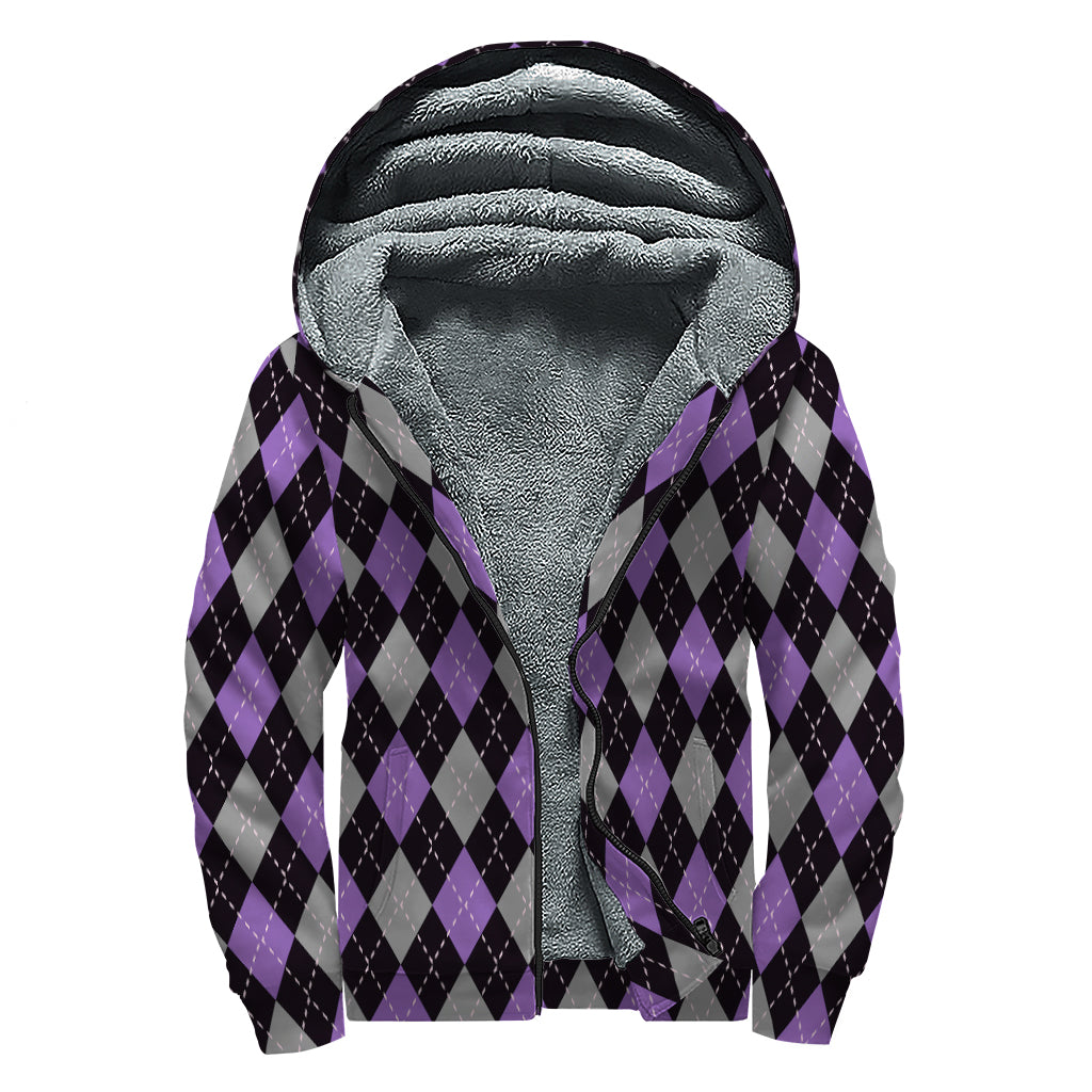 Black Grey And Purple Argyle Print Sherpa Lined Zip Up Hoodie