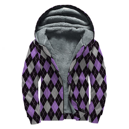 Black Grey And Purple Argyle Print Sherpa Lined Zip Up Hoodie