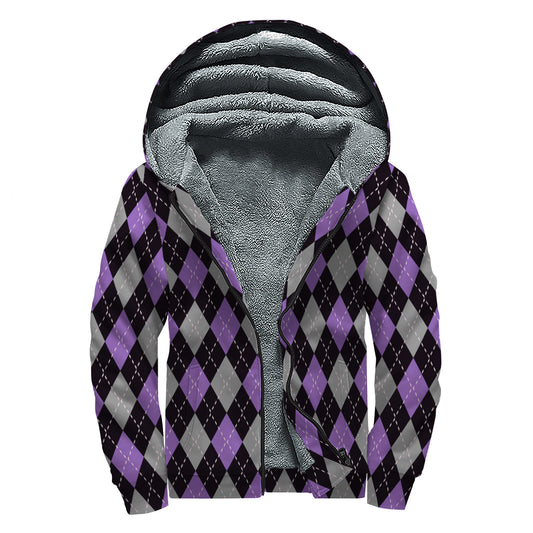 Black Grey And Purple Argyle Print Sherpa Lined Zip Up Hoodie