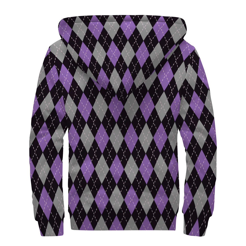 Black Grey And Purple Argyle Print Sherpa Lined Zip Up Hoodie