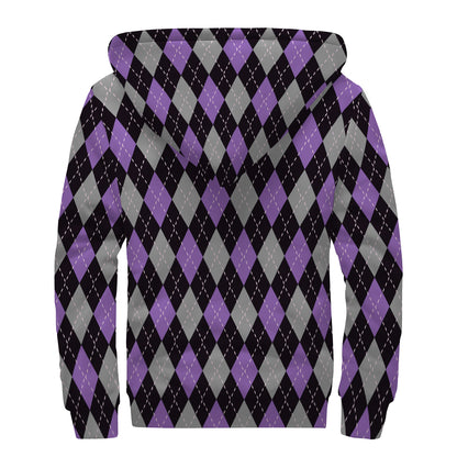 Black Grey And Purple Argyle Print Sherpa Lined Zip Up Hoodie