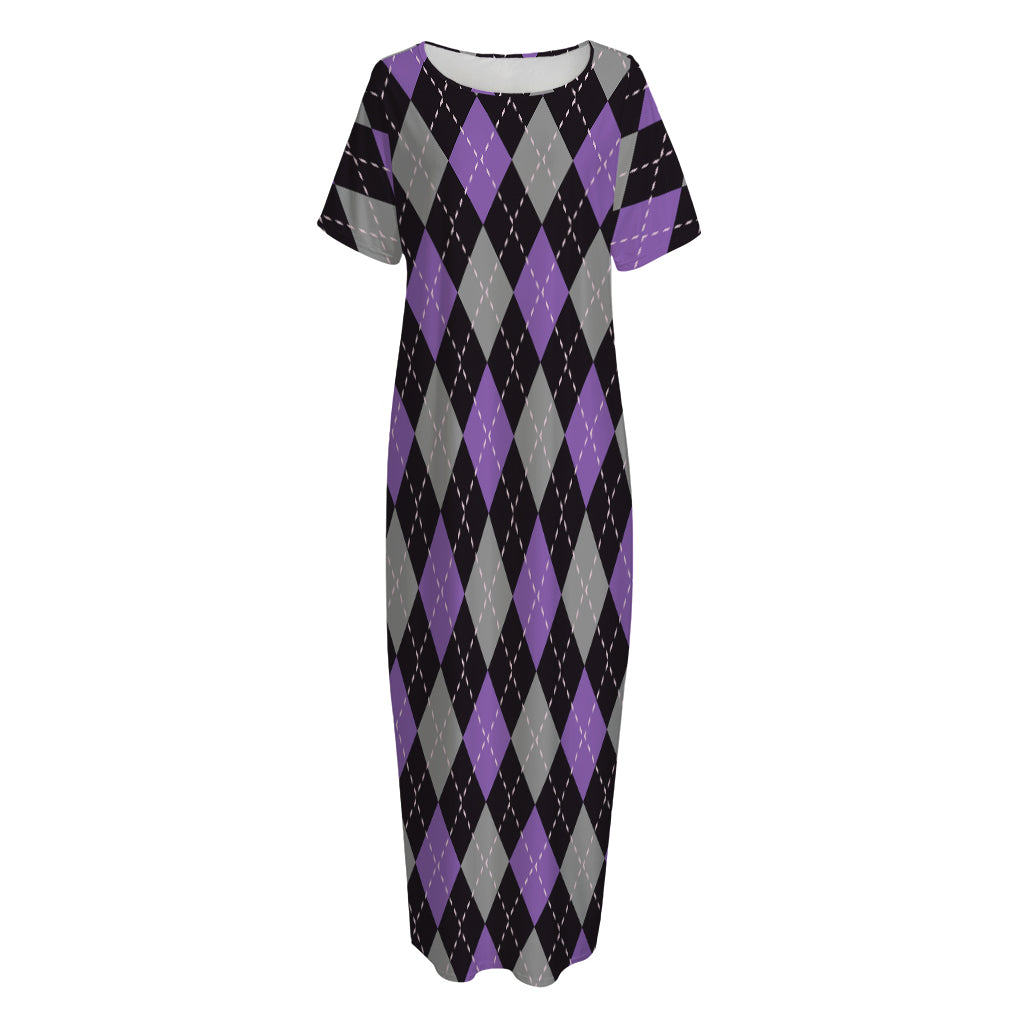 Black Grey And Purple Argyle Print Short Sleeve Long Nightdress