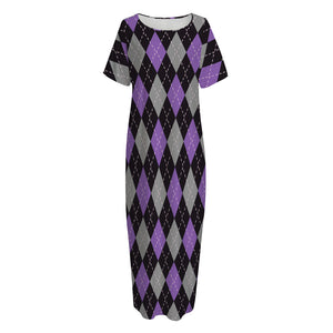 Black Grey And Purple Argyle Print Short Sleeve Long Nightdress