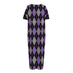 Black Grey And Purple Argyle Print Short Sleeve Long Nightdress