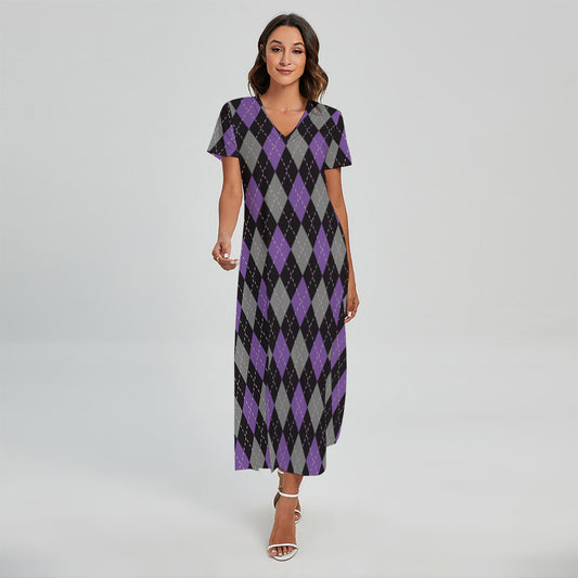 Black Grey And Purple Argyle Print Short Sleeve Maxi Dress