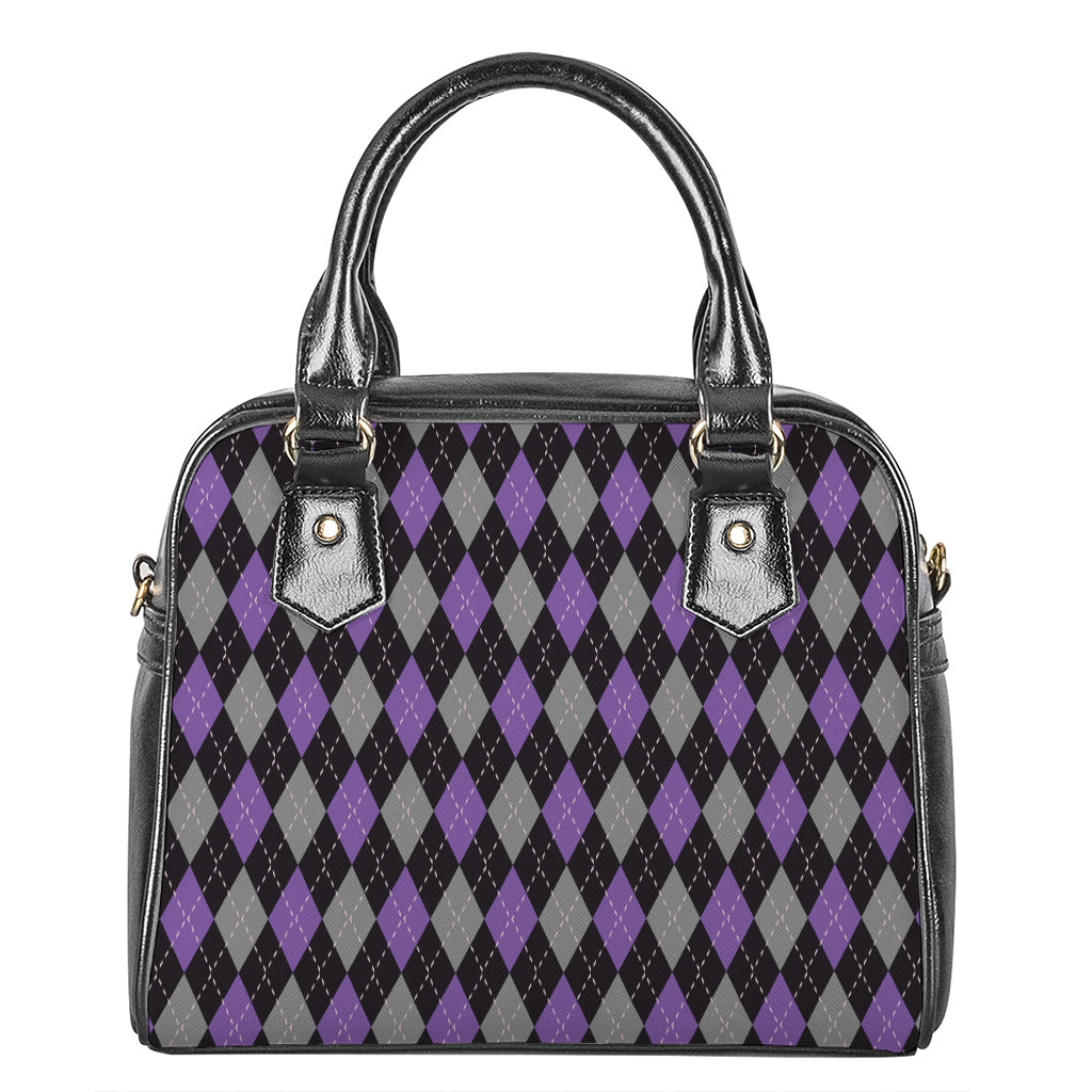 Black Grey And Purple Argyle Print Shoulder Handbag