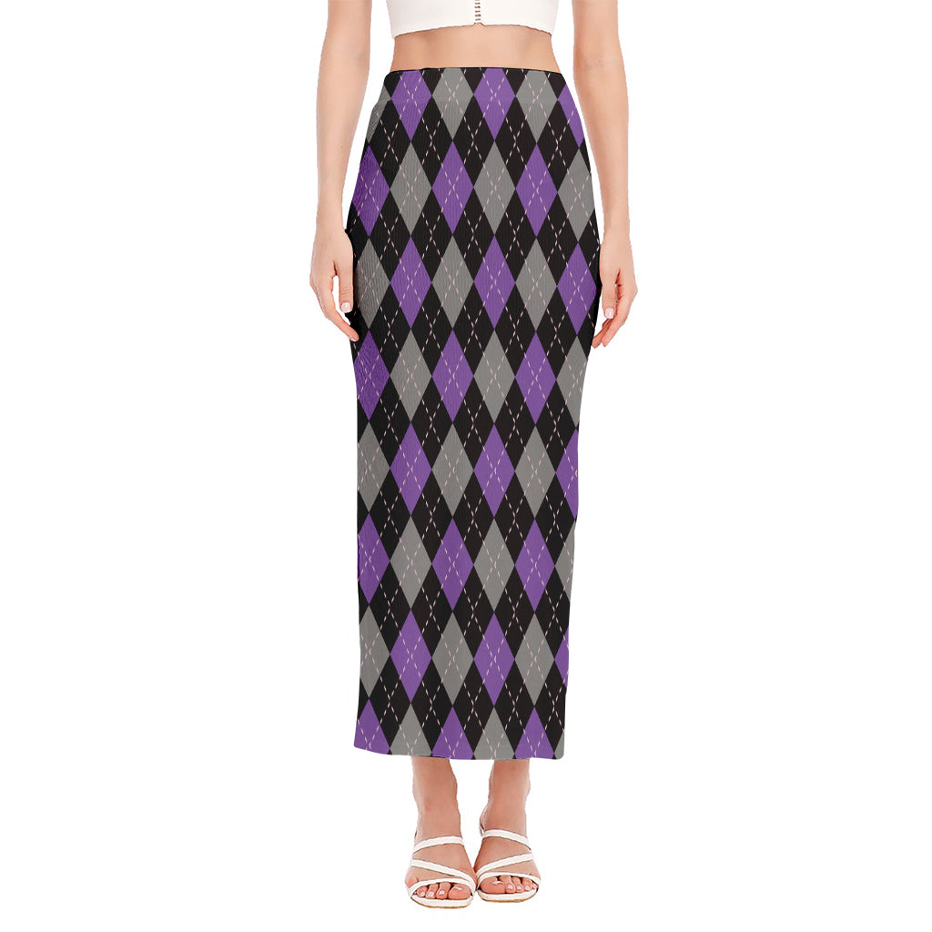 Black Grey And Purple Argyle Print Side Slit Maxi Skirt