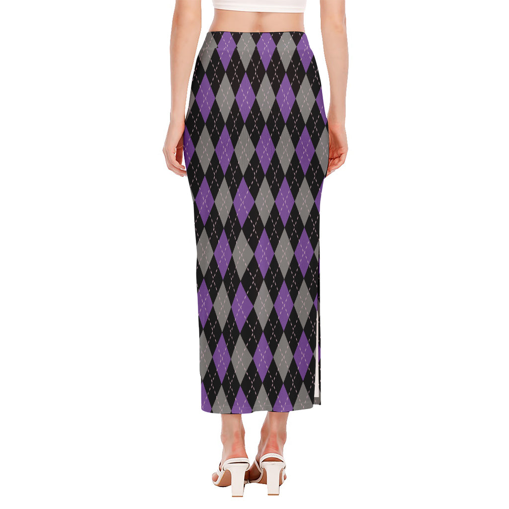 Black Grey And Purple Argyle Print Side Slit Maxi Skirt