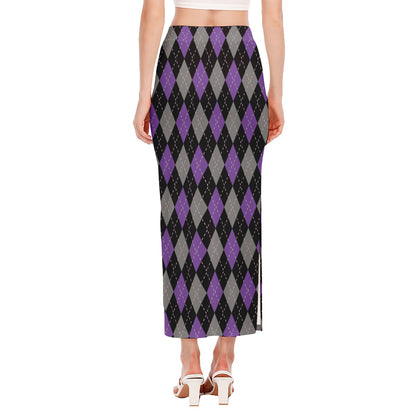 Black Grey And Purple Argyle Print Side Slit Maxi Skirt