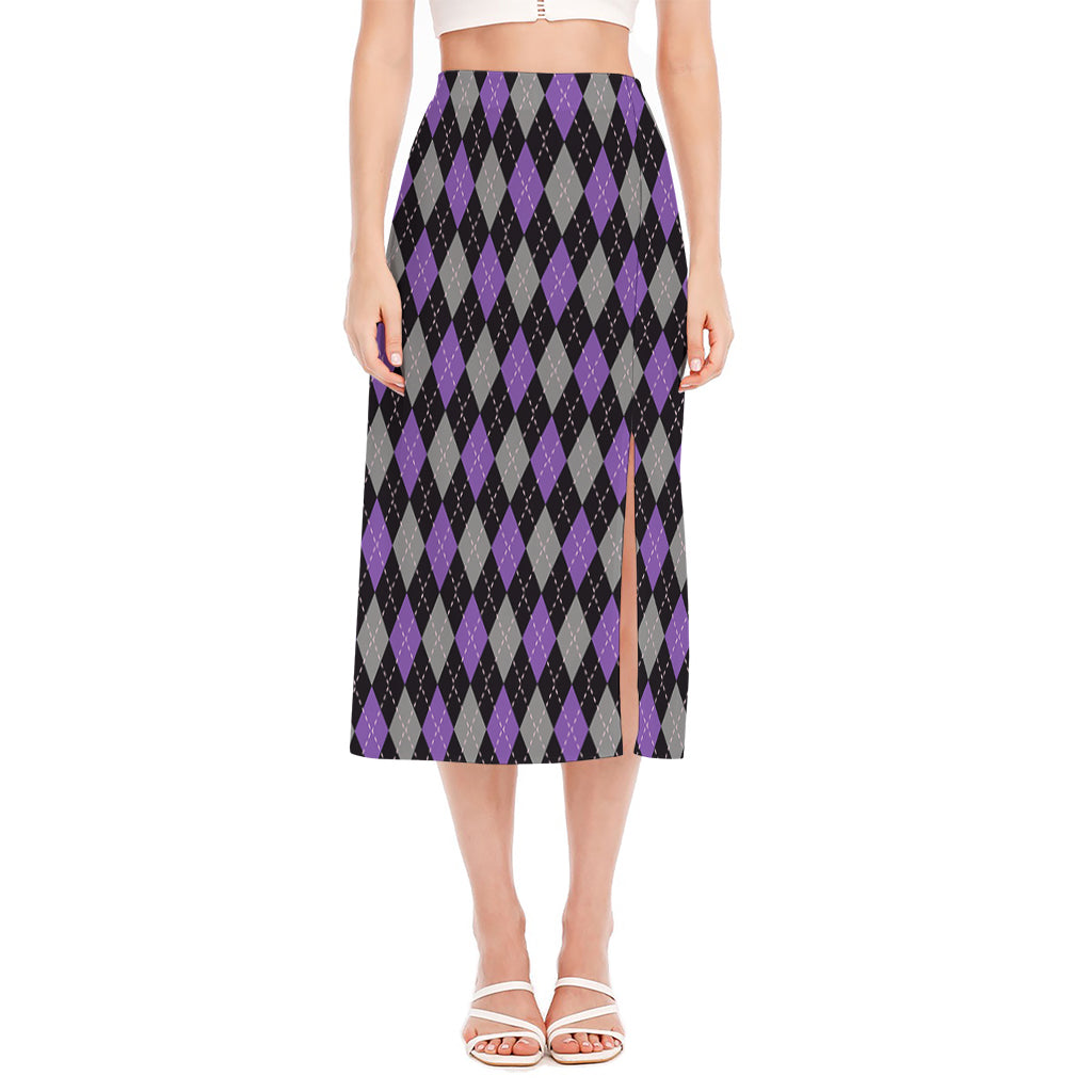 Black Grey And Purple Argyle Print Side Slit Midi Skirt
