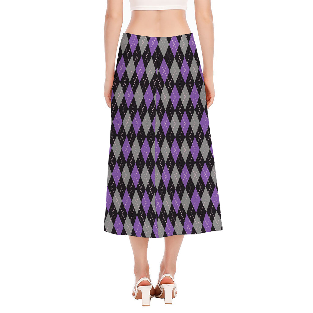 Black Grey And Purple Argyle Print Side Slit Midi Skirt
