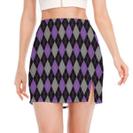 Black Grey And Purple Argyle Print Side Slit Mini Skirt