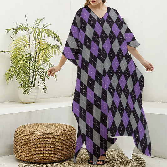 Black Grey And Purple Argyle Print Silk V-Neck Kaftan Dress