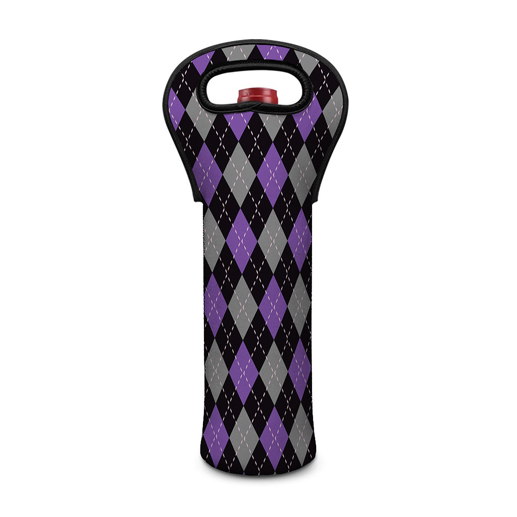 Black Grey And Purple Argyle Print Single Neoprene Wine Tote