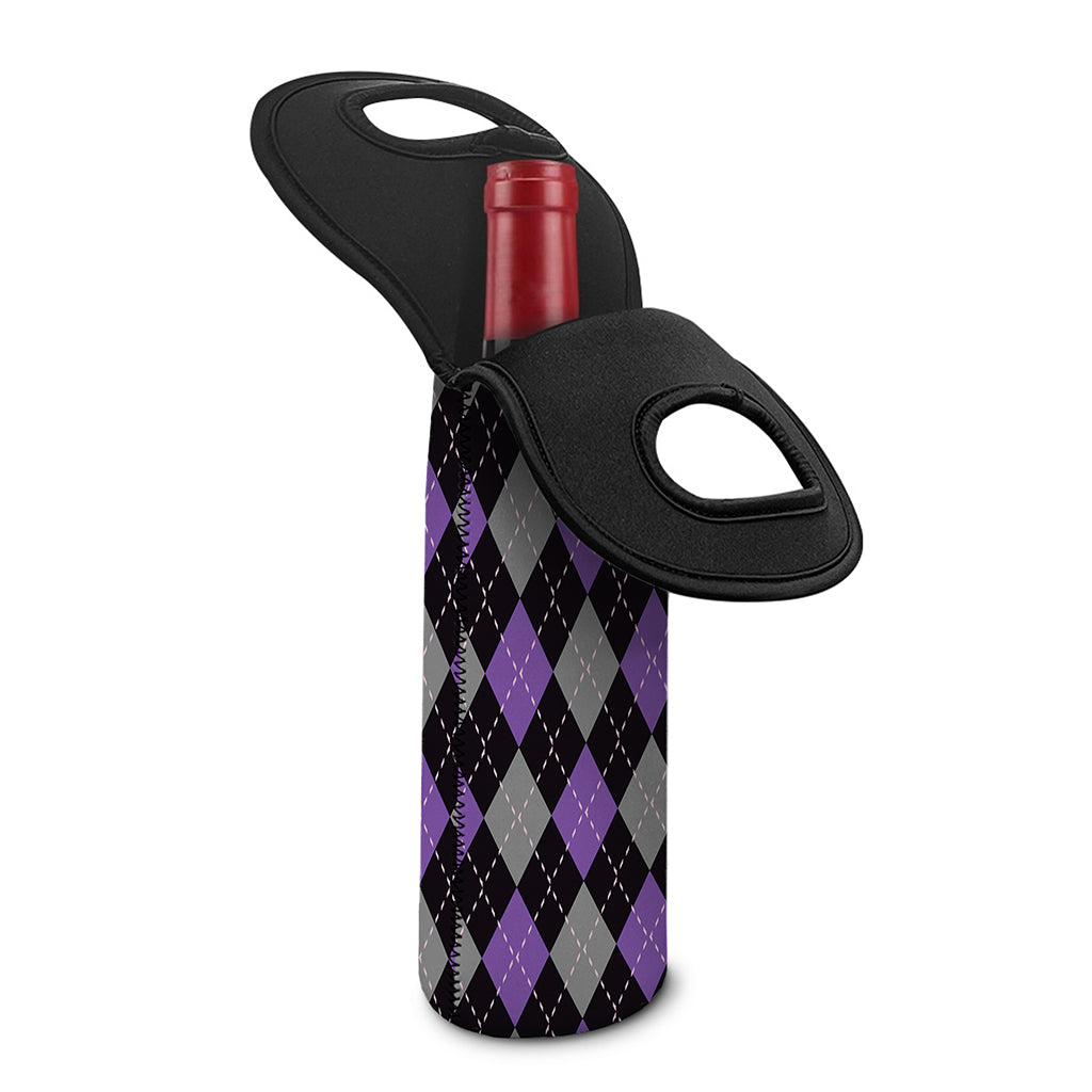 Black Grey And Purple Argyle Print Single Neoprene Wine Tote
