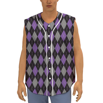 Black Grey And Purple Argyle Print Sleeveless Baseball Jersey