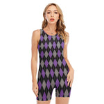 Black Grey And Purple Argyle Print Sleeveless One Piece Swimsuit