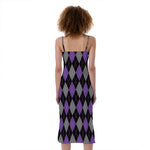 Black Grey And Purple Argyle Print Slim Fit Midi Cami Dress