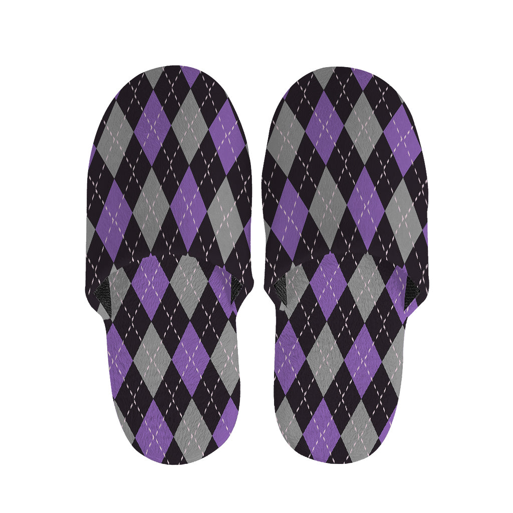 Black Grey And Purple Argyle Print Slippers