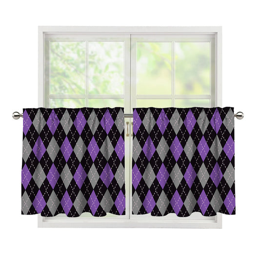 Black Grey And Purple Argyle Print Tier Curtains
