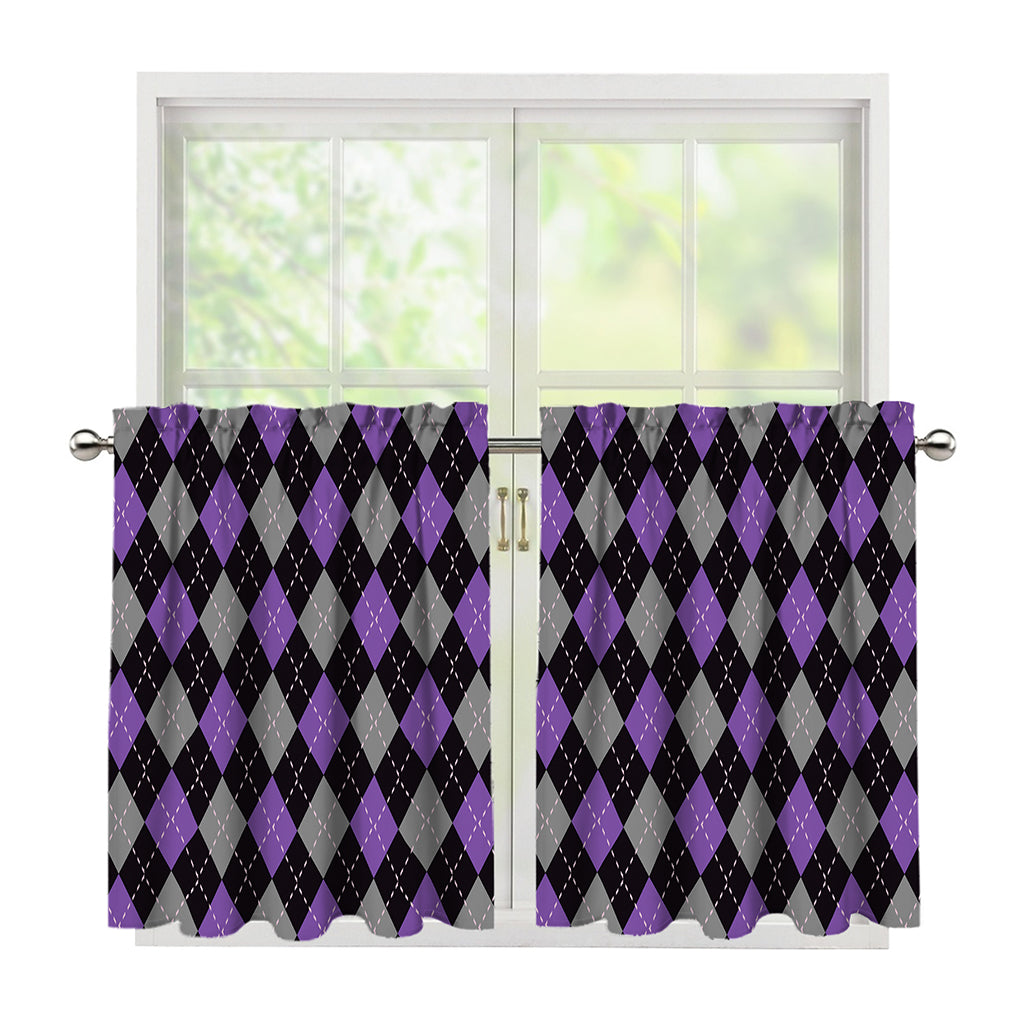 Black Grey And Purple Argyle Print Tier Curtains
