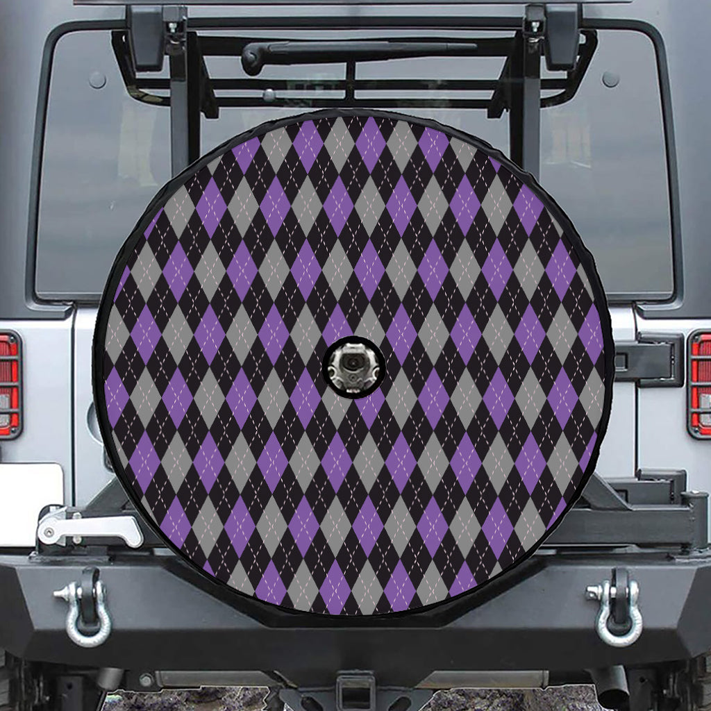 Black Grey And Purple Argyle Print Tire Cover With Camera Hole