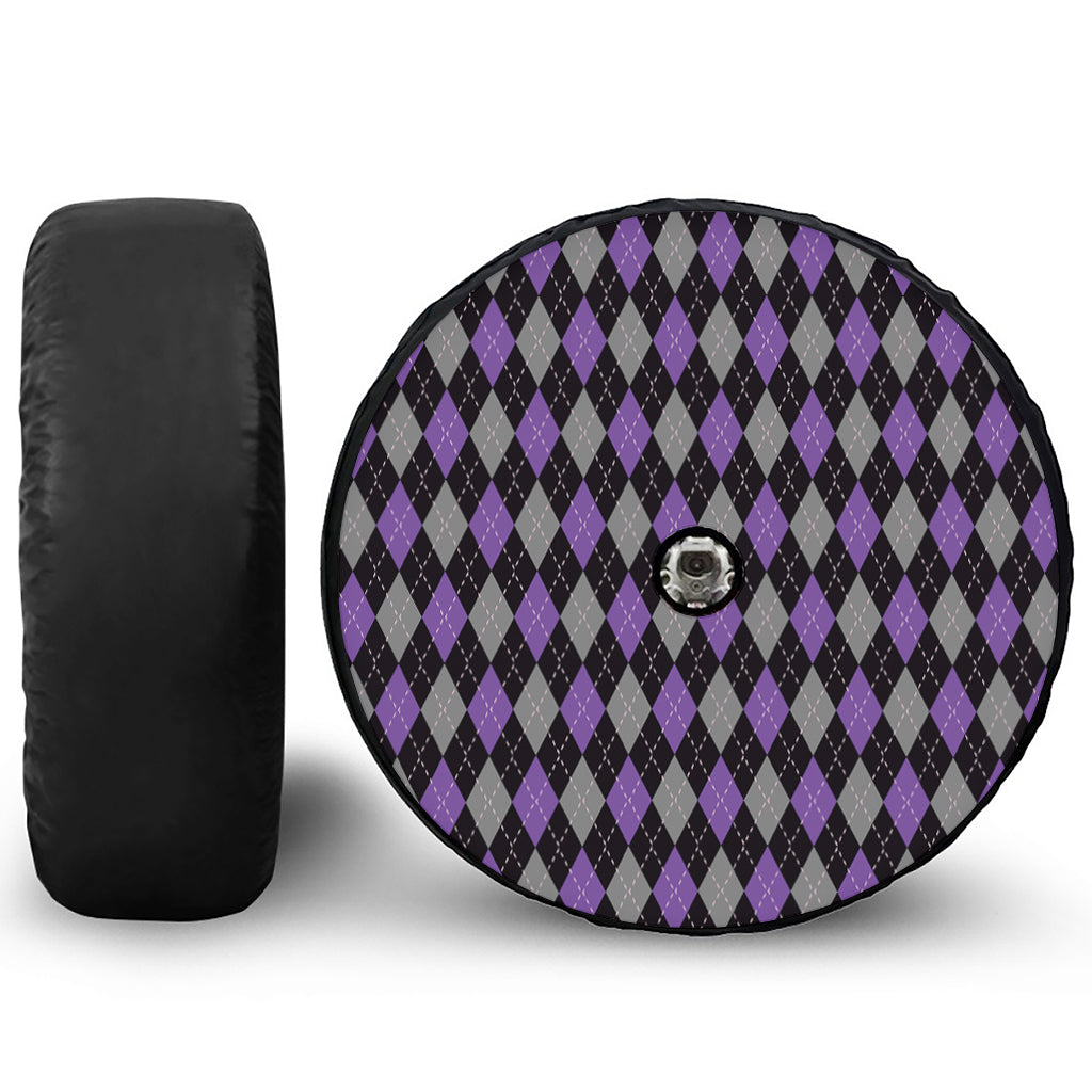 Black Grey And Purple Argyle Print Tire Cover With Camera Hole